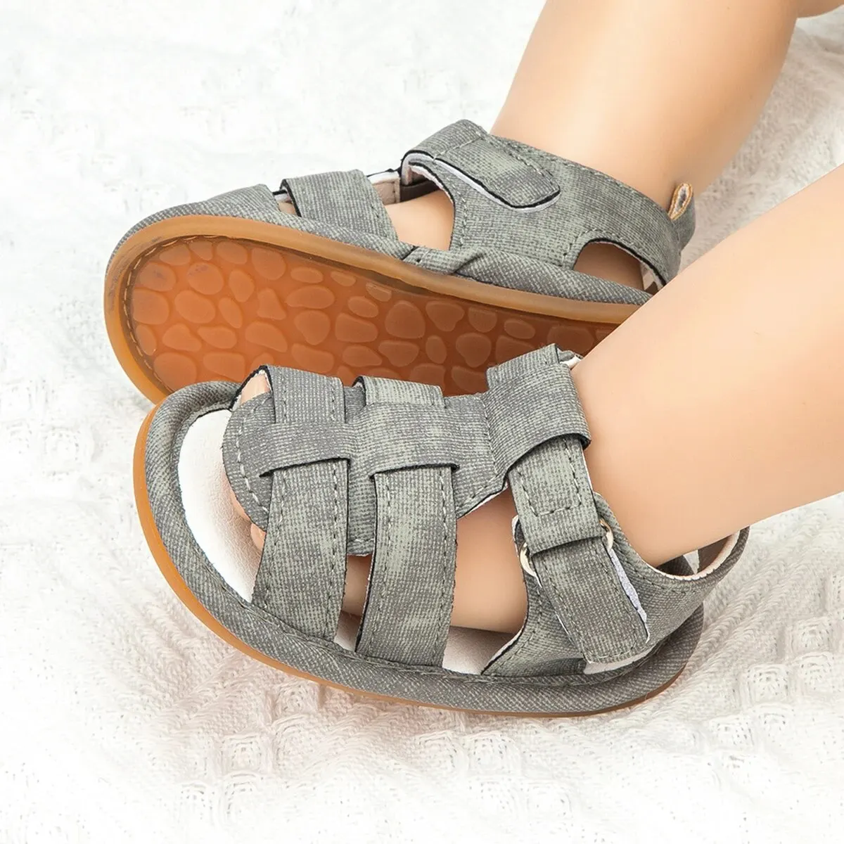 Meckior Baby Boys Sandals Toddler Grey Flats Non-slip Rubber Sole Baby Beach Sandals Crib First Walker Summer Baby Shoes