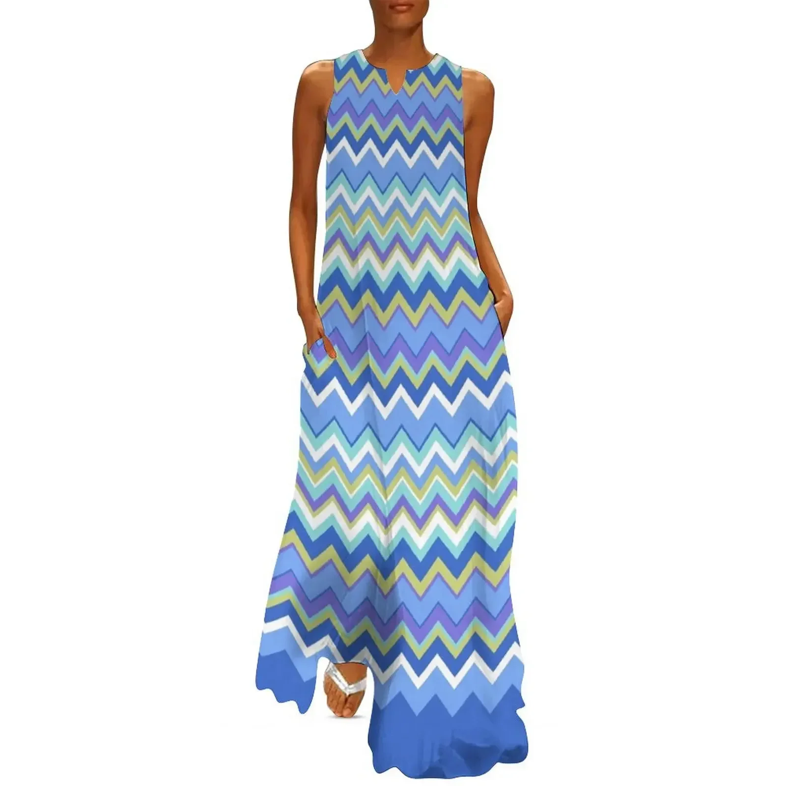 

Geometric Chevron Print - Navy, Blue and White Long Dress Casual dresses Party dresses Dress