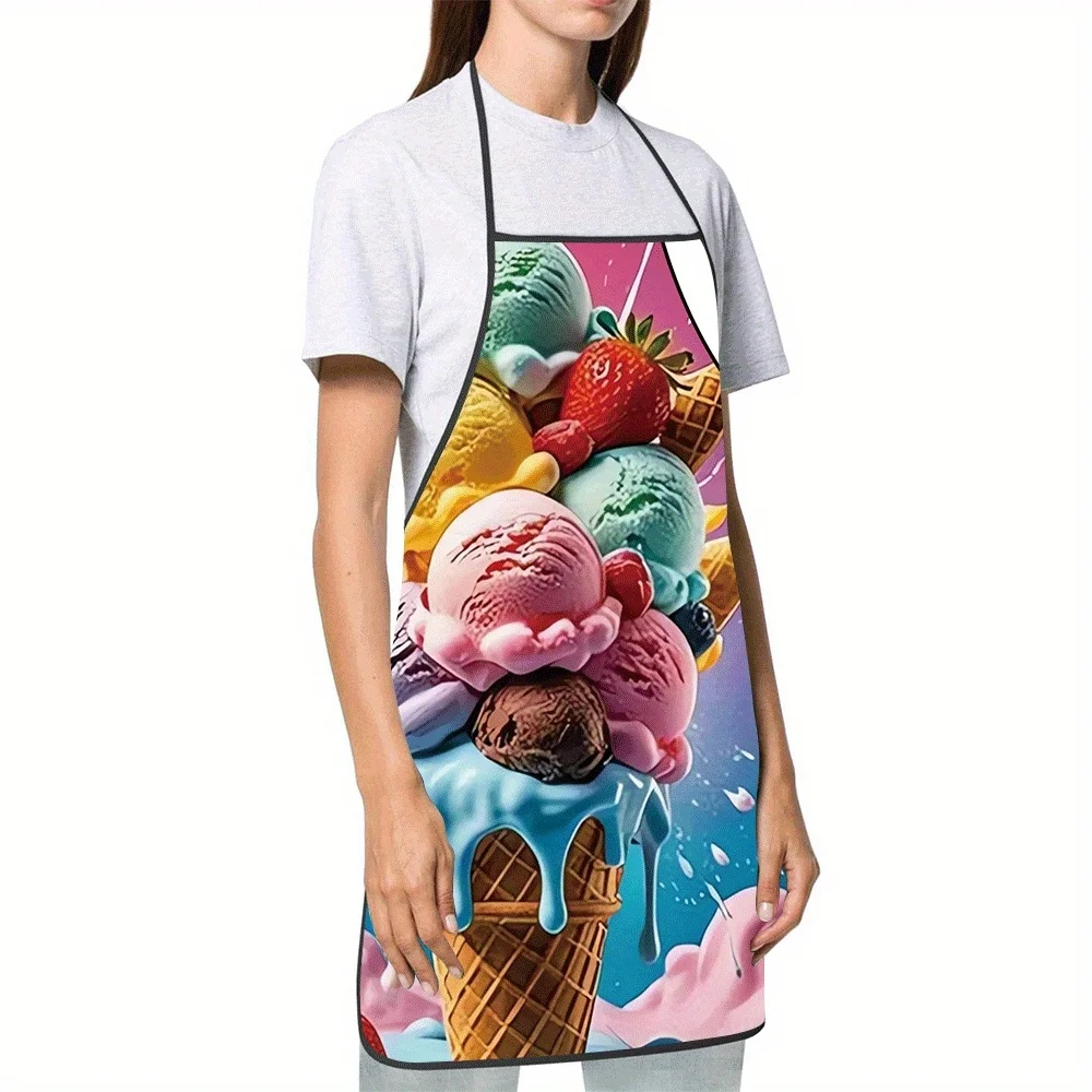 1pc Unisex Kitchen Apron with Ice Cream Cone Design - Vibrant Colorful Ice Cream & Strawberry Print