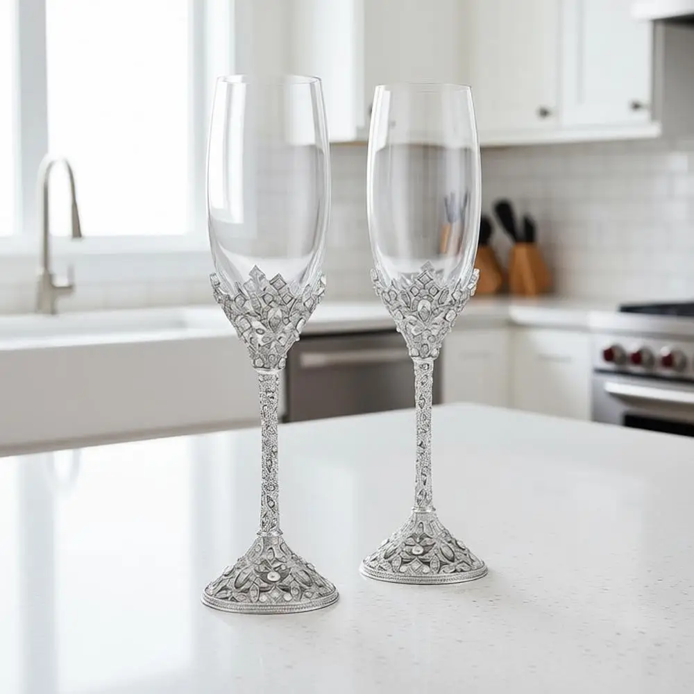 

Champagne Lutes - Crystal Glass Metal Base With Crystal Stones, Set of 2 Toasting Lutes for Wedding Anniversary Party Birthday B