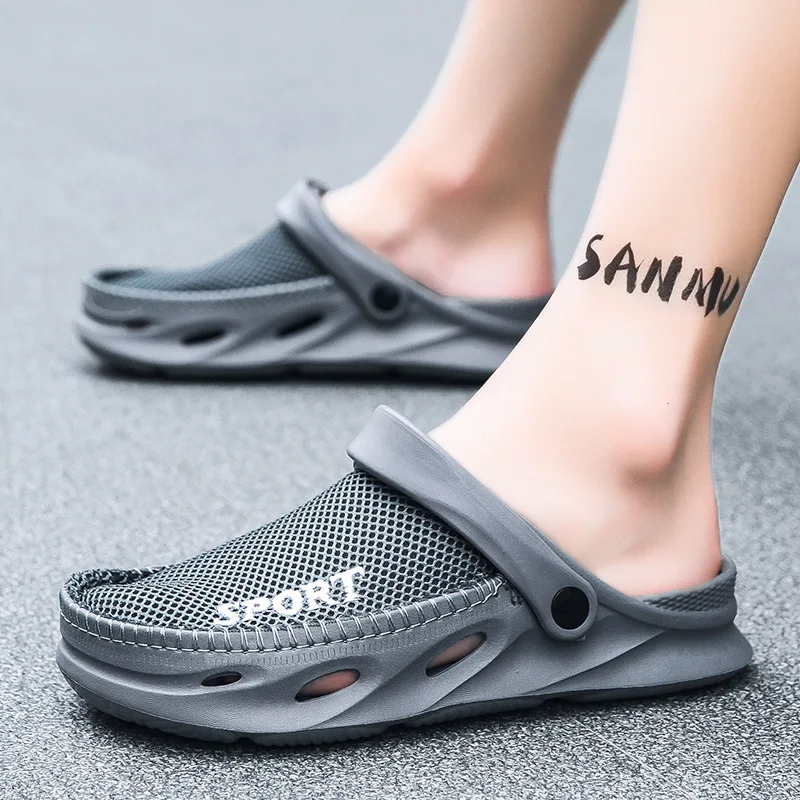 Sandal pria musim panas, sandal pantai sol tebal untuk pria, sepatu kasual jala, sandal Anti selip tahan aus, sepatu musim panas