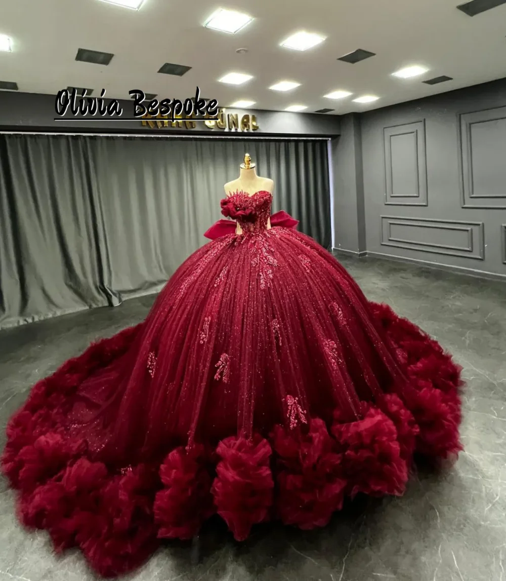 

Burgundy Sweetheart Tulle 15 Years Old Quinceanera Dresses 2026 Beaded Floral Appliques Mexican Birthday Ball Gown Customized