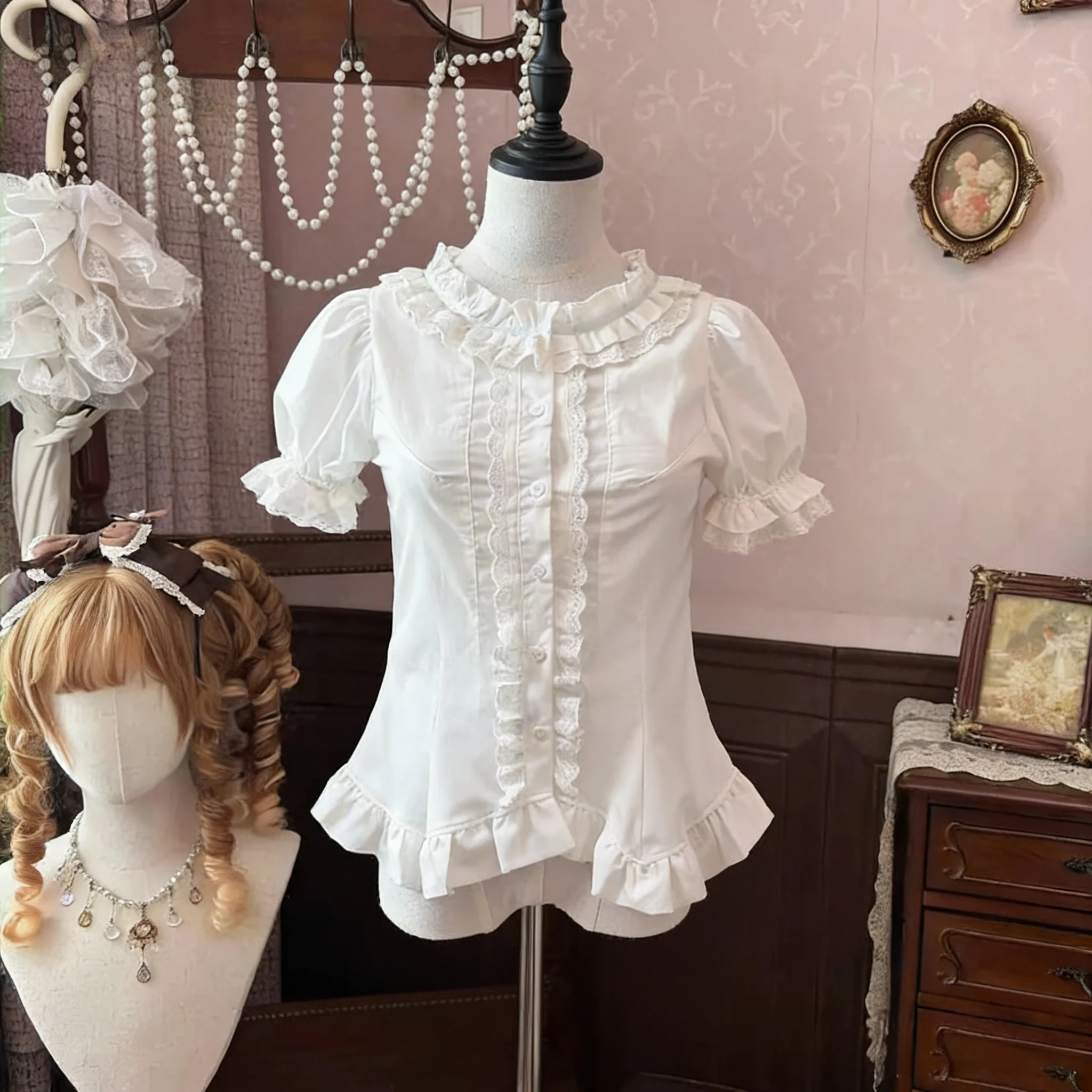 Summer Gothic Lolita Blouse Women Lace Ruffle Collar Puff Sleeve Button Down Ruffle Hem Japanese Harajuku Cute Top Streetwear