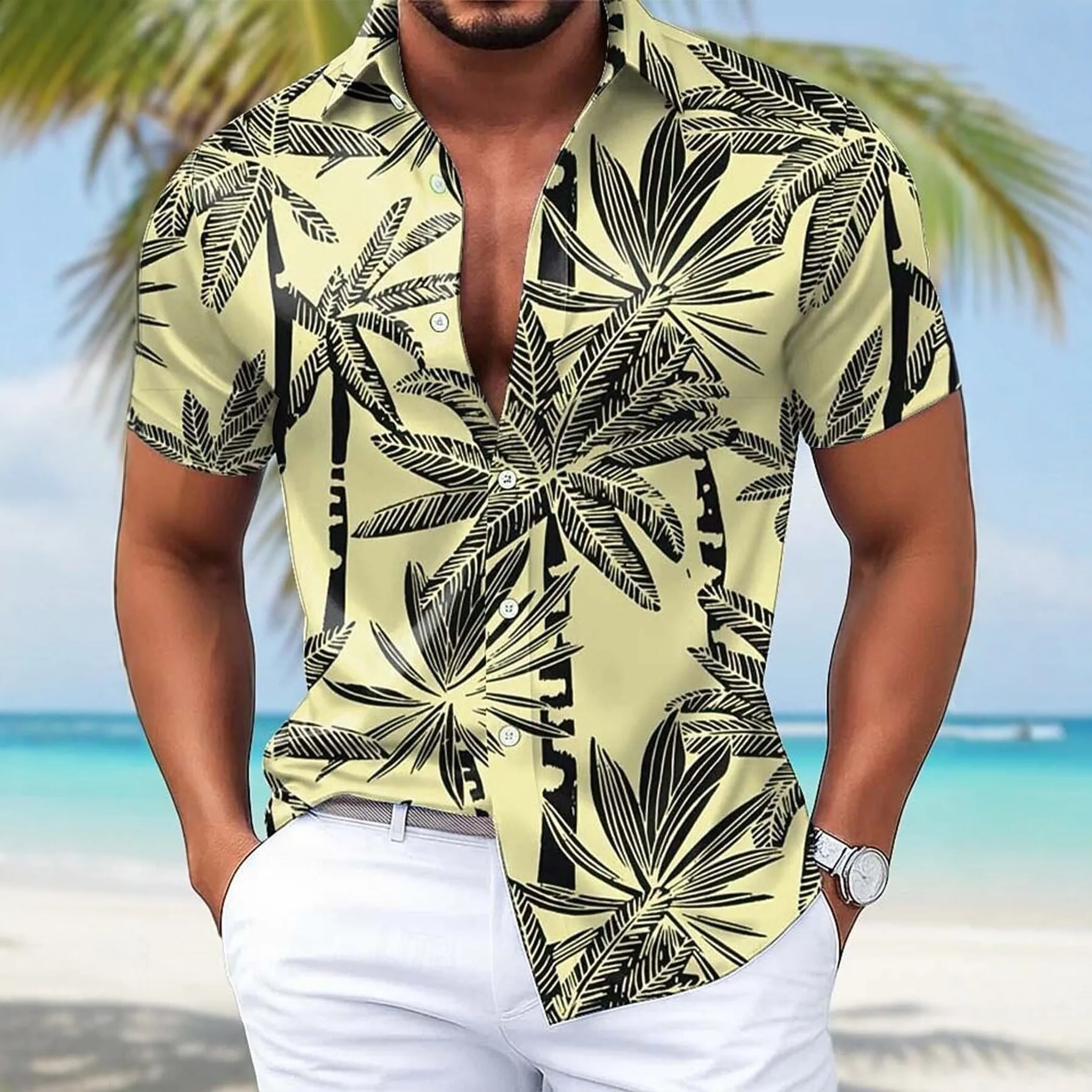 Men's Summer Shirt, Tropical Palm Beach Vacation Print, Loose-fitting Collared Shirt, Beach Casual Flowing Quick-drying Top