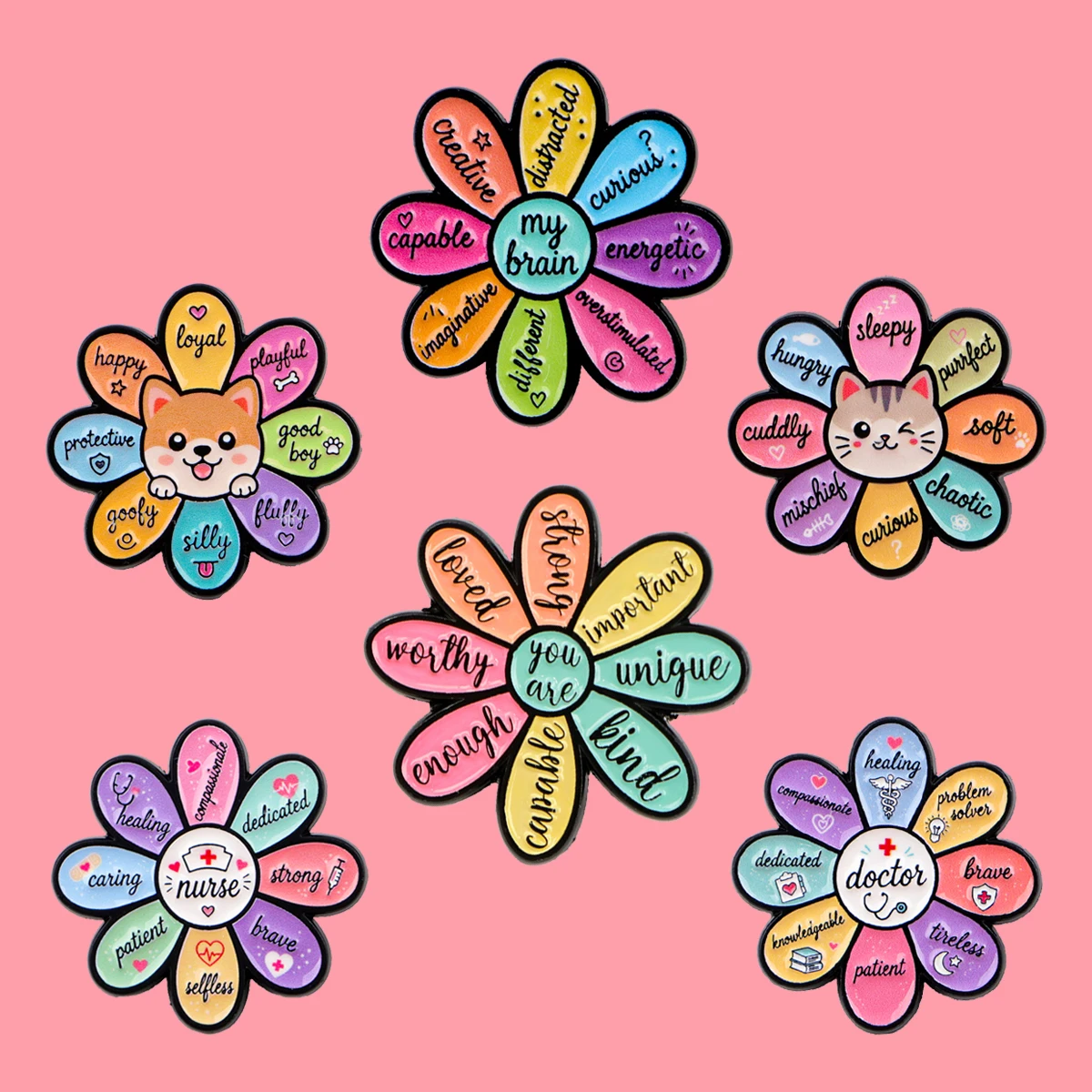 6pcs Mental Health Flower Enamel Pin Rainbow Doctor Nurse Quotes Brooch for Clothes Briefcase Badges Backpack Badge Friends Gift