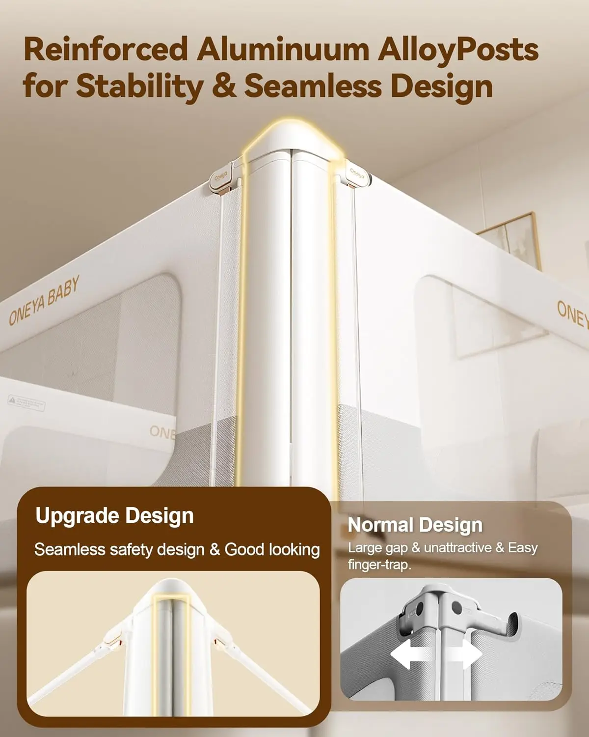 ارتفاع قابل للتعديل لسرير الأطفال الصغار مع قفل مزدوج، ألومنيوم معزز للسلامة، أبيض/رمادي، 39 بوصة طول × 28 ساعة