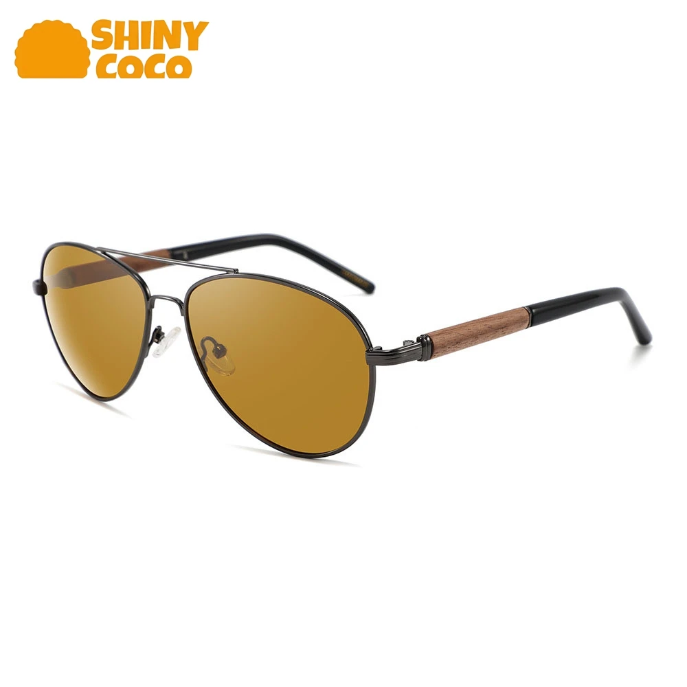 

ShinyCoCo Luxury Brand Large Frame Metal Double Beam Polarized Sunglasses With Wooden Splicing Panels