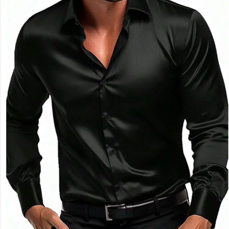 Business Casual Men's Satin Silk Shirts Long Sleeve Single Breasted Button Turn-Down Collar Shirts Wedding Party Wear Blouse