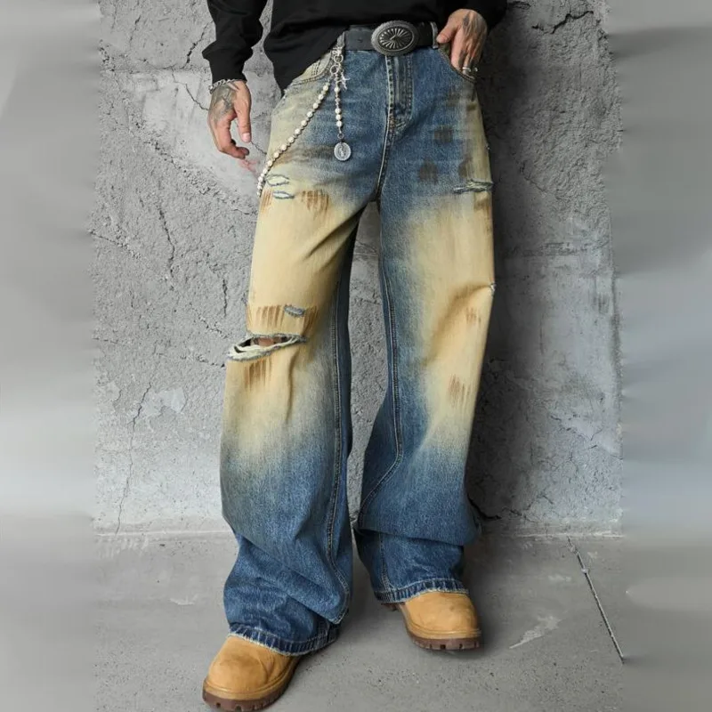 HKSH Spring Autumn New Man Tide Vintage Distressed Ripped Design Trendy Jeans Niche Chic Casual Straight Denim Pants Ins HK19277
