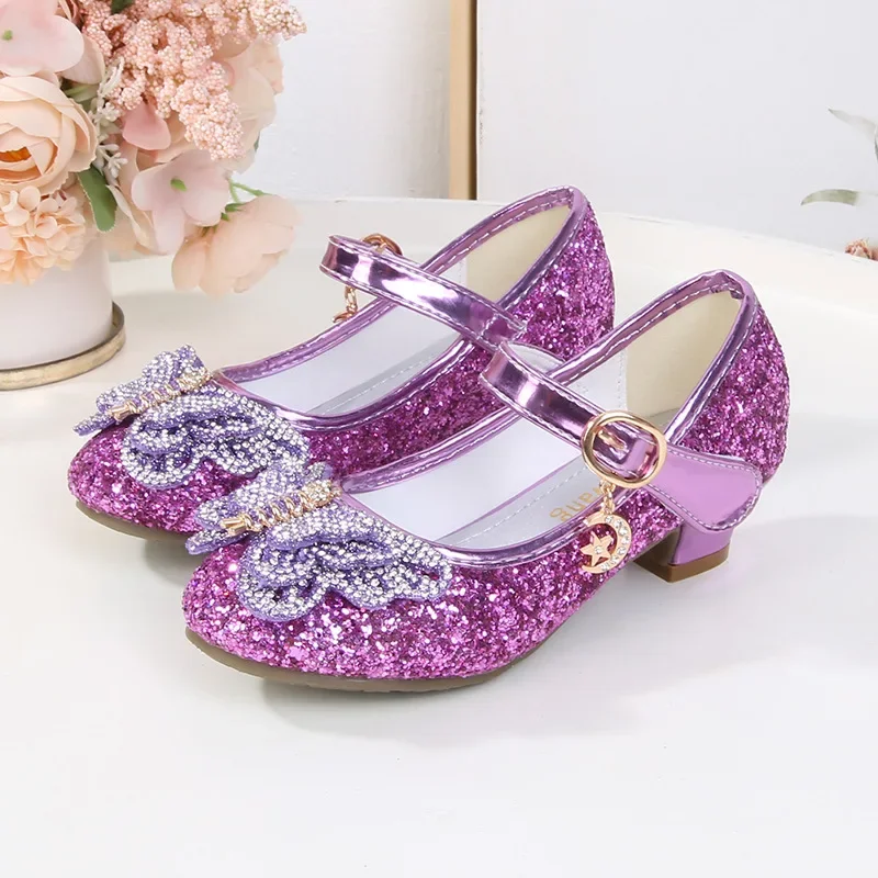 Spring Autumn Little Girl Leather Shoes Chic Butterfly Children's Shoes with Heels Fashion Versatile Kids Princess Wedding Shoes