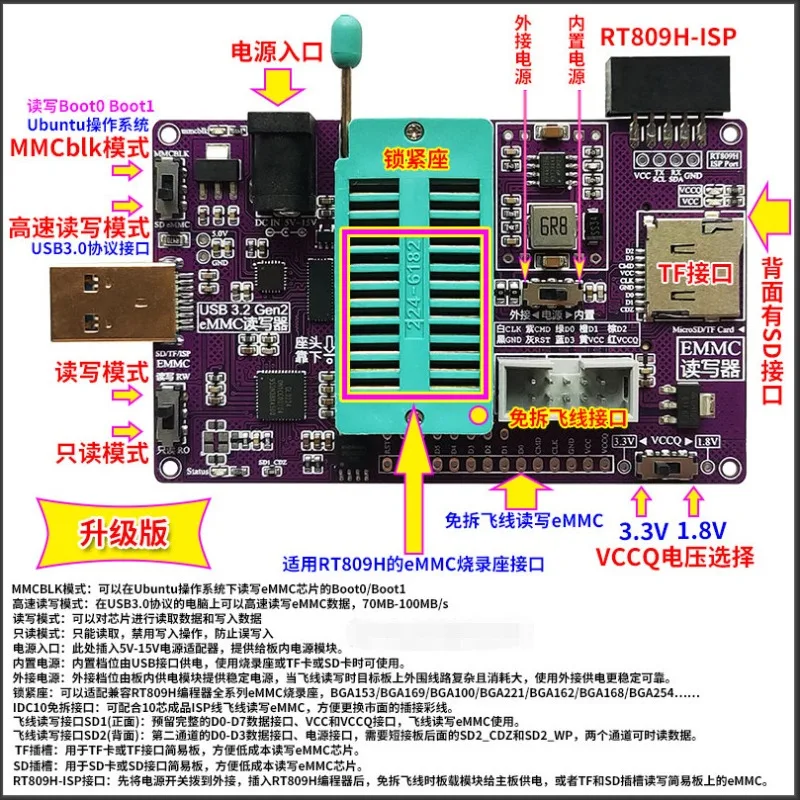 EMMC Image Rea-der with ISP Fly-Wire Function (RT809H to SD/TF) BGA Image Seat for Car Navigation, Stable Reading