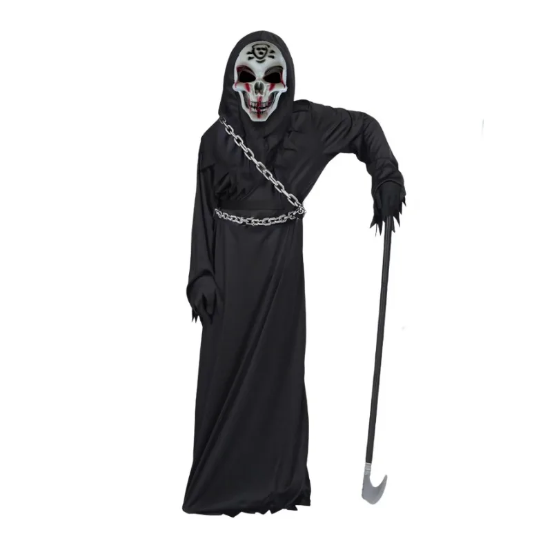 Nuovo bambino Grim Reaper Costume Horror Teschio Maschera Robe Dress Up Costume Halloween Falce Guanti a catena Puntelli Regalo