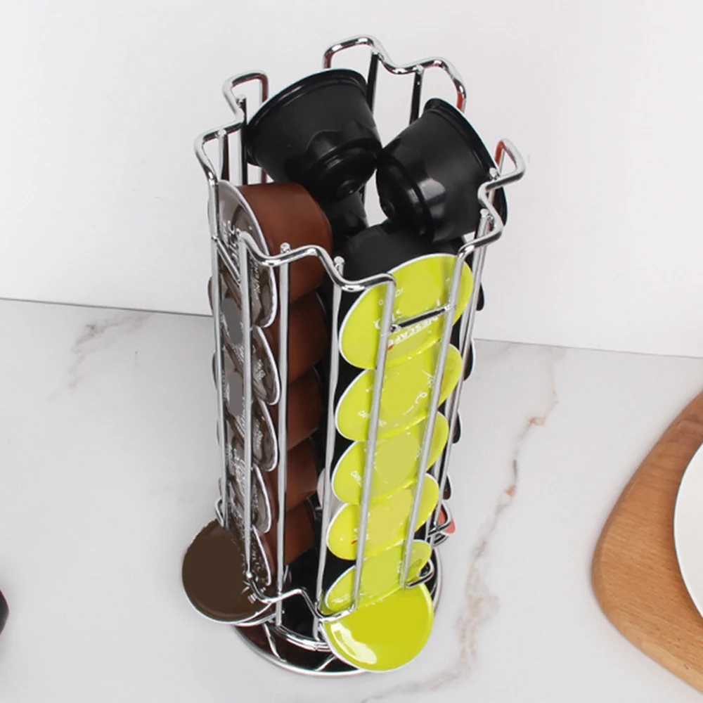ABSJ-18Cups Rotatable Coffee Pod Holder Iron Chrome Plating Display Capsule Rack Stand Storage Shelves For Capsule