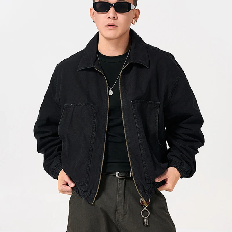 American Vintage Men Washed Denim Bomber Jacket Spring Autumn Zip Front Big Pockets Loose Oversized Streetwear Casual Coat