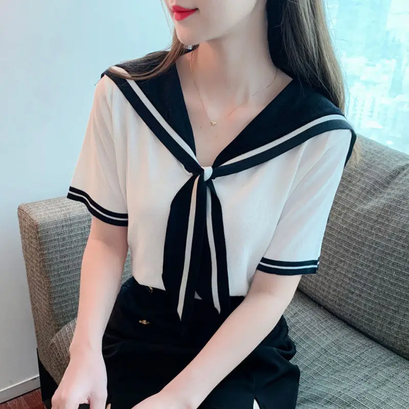 Bow Tie Ice Silk Short Sleeve T-shirt for Women Summer Korean Loose All-match Contrast Preppy Style Tops Fashion Sweet Clothing