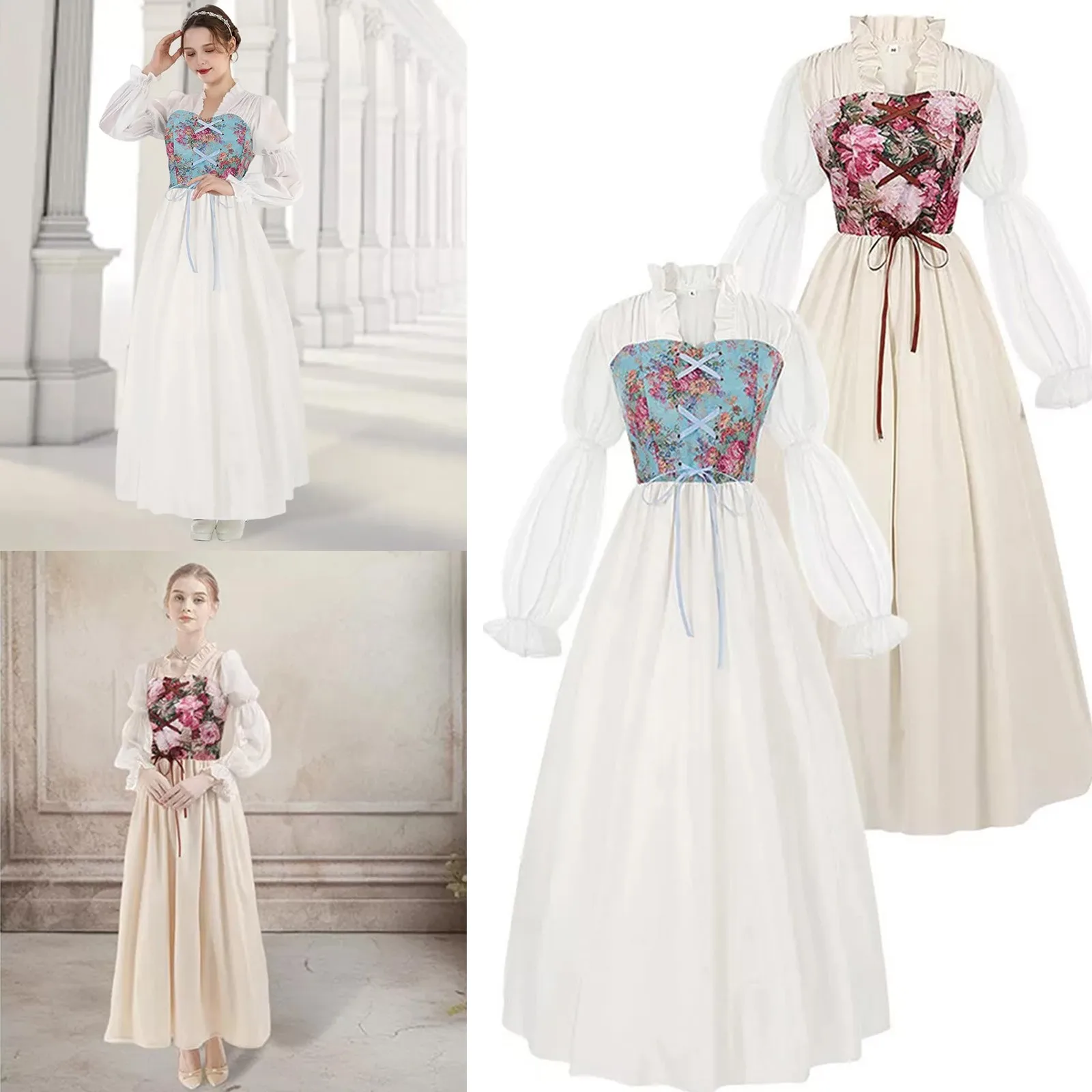 Gothic Medieval Dress Women Vintage Long Sleeve Sweetheart Dress Solid Court Style Dresses Formal Banquet Prom Party Dresses