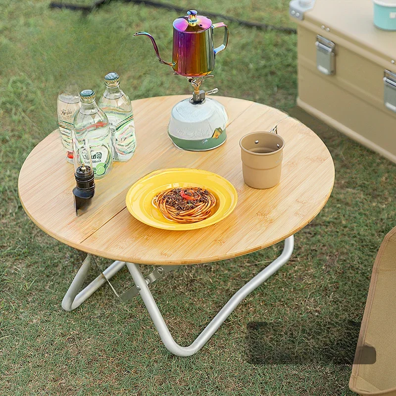 Outdoor camping bamboo round wood table portable folding storage table furniture