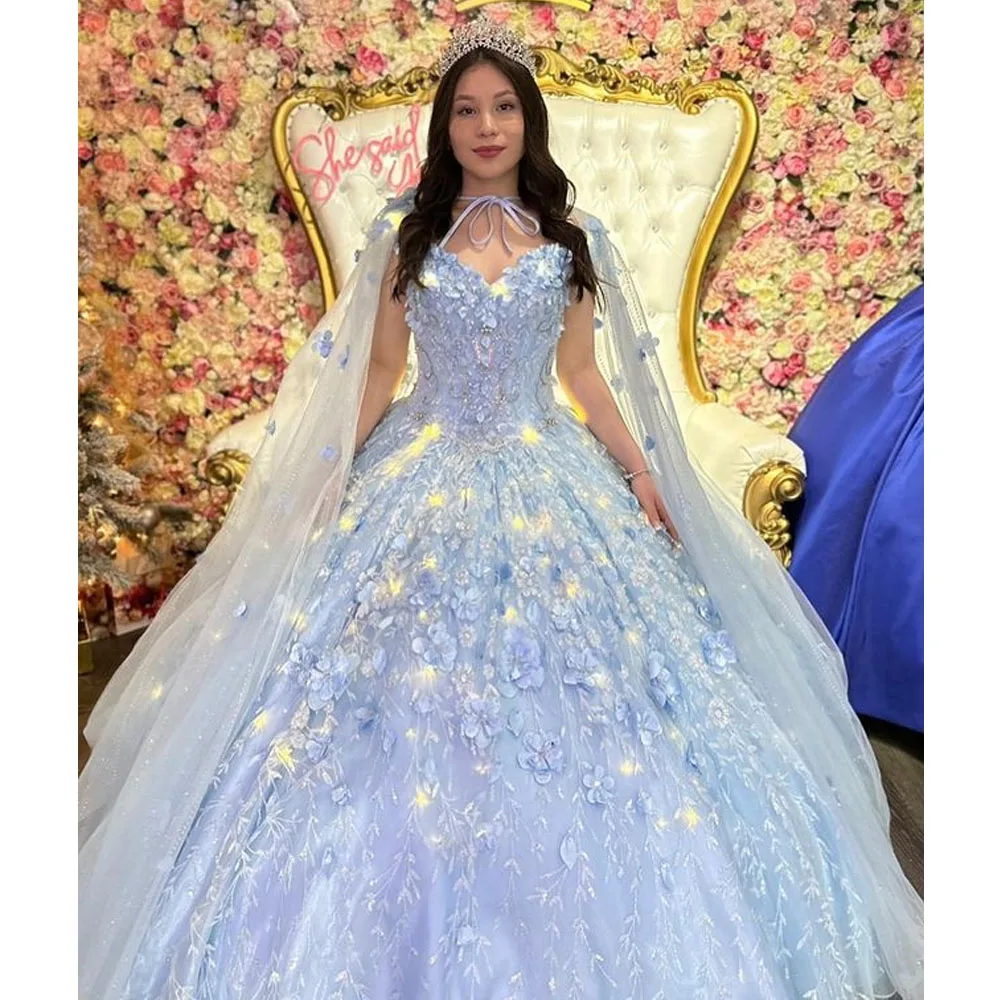 Sky Blue Quinceanera Sweet 16 Dresses Lace Applique Off Shoulder Lace-up Prom Ball Gowns Graduation 7th