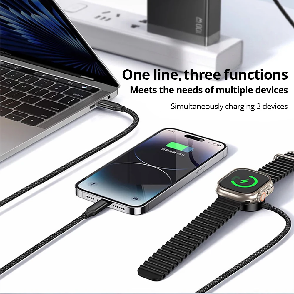Kabel USB Bonola 3 w 1 do szybkiego ładowania z portem Type C do iPhone 17/16/15/14/13 Pro Max, kabel do ładowania zegarka, kabel do ładowania Apple Watch — zdjęcie produktu 4