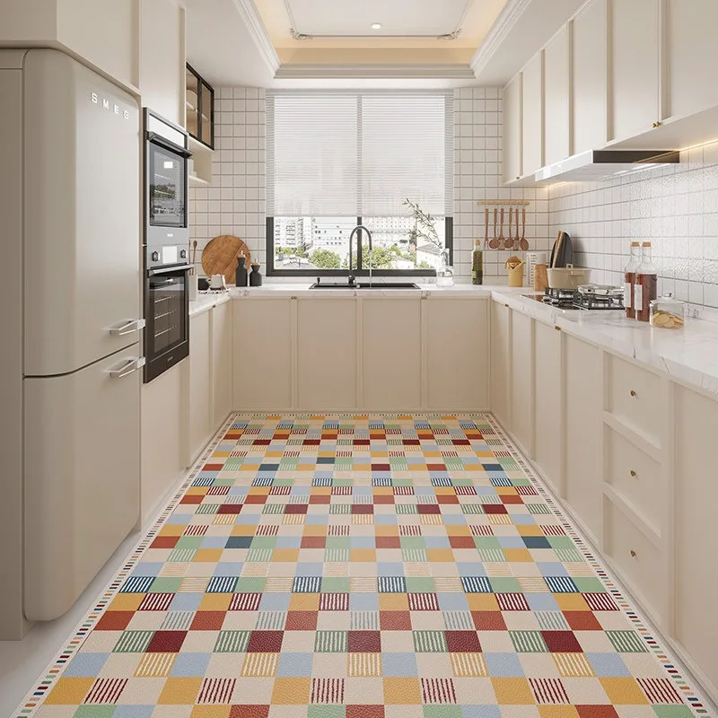 Japanese Plaid Kitchen Floor Mat PVC Leather Anti-slip Rugs Oil-proof Dirt-resistant Carpet Waterproof Balcony Rug Washable Mats