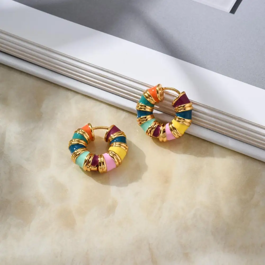 Ear Jewelry Vintage Colorful Huggie Earrings Set Style Round Hoop Jewelry Polished Smooth Surface Dripping Oil Design for Women