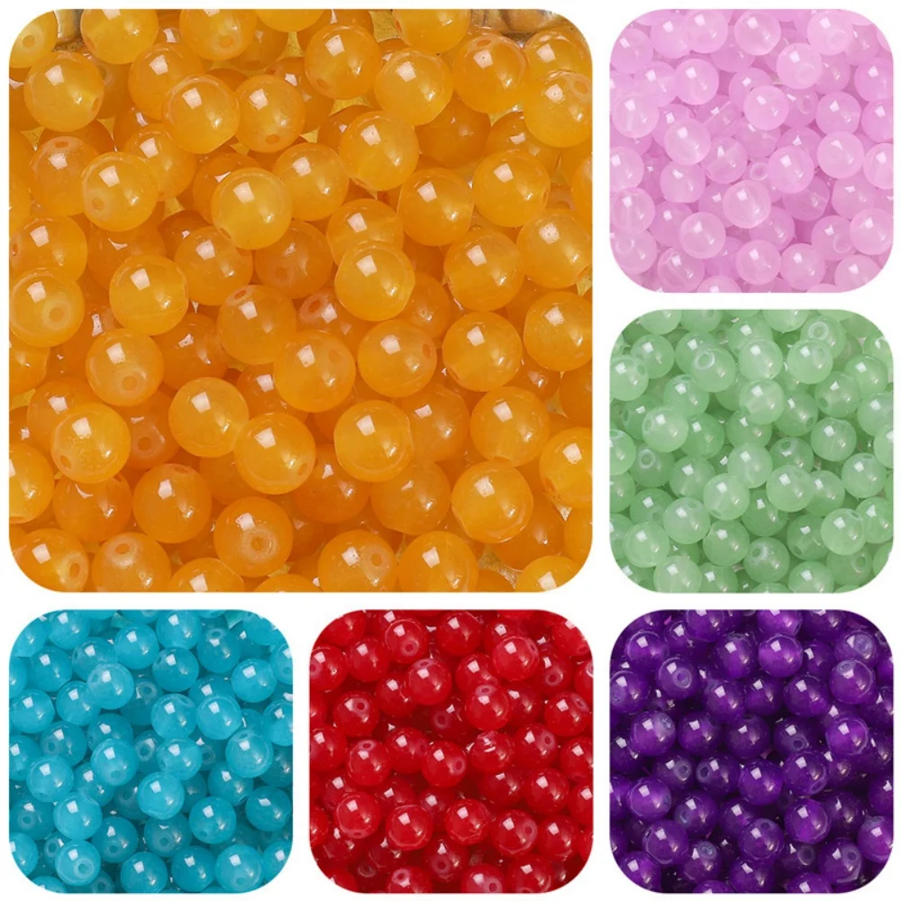 500Pcs 8mm Glass Jelly Imitated Jade Beads Loose Round Straight Hole Bead DIY Necklace Toy Bag Phone Chain Making Accessories