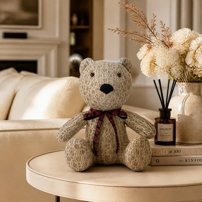 CHHC Classic Letter Print Fabric Hug Bear Plush Toy With Bow Decor Cute Stuffed Animal Gift For Home Decor And Present