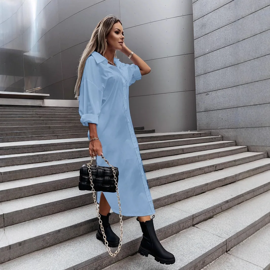 

Elegant Commuter Dress Fashion Lapel Long Sleeve Single Breasted Extra-long Shirt Loose Casual Solid Side Split Long Dresses