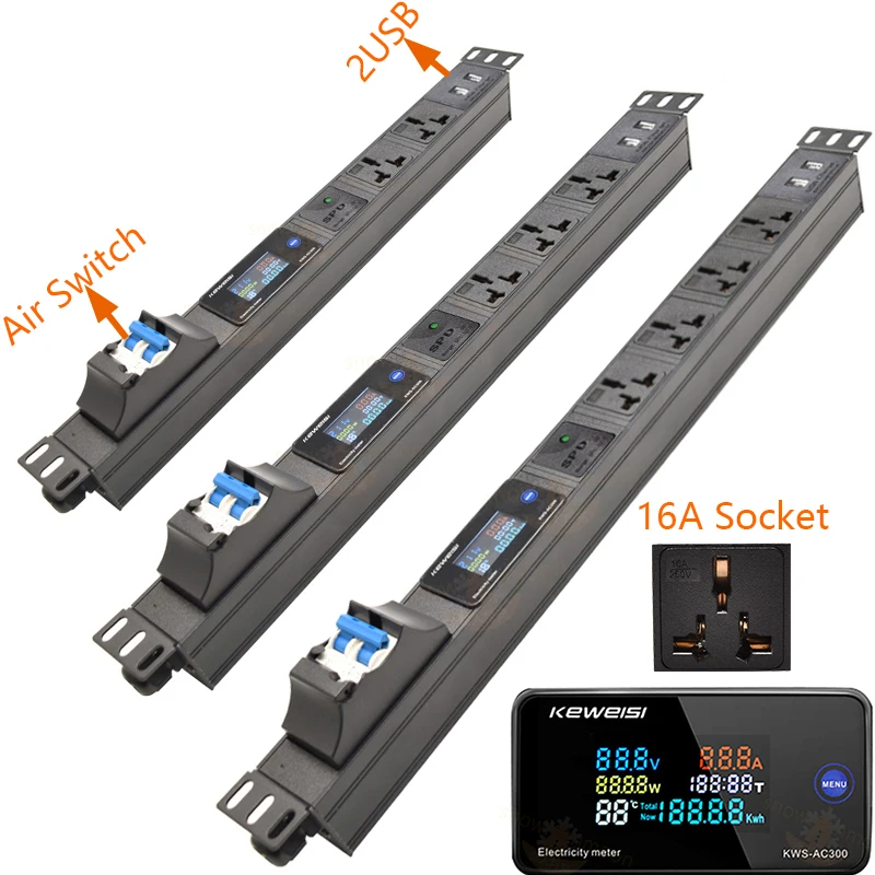 

16A Power Strip For Network Cabinet Power Distribution Unit 2-10 Ways Universal Socket Digital voltage measuring instrument