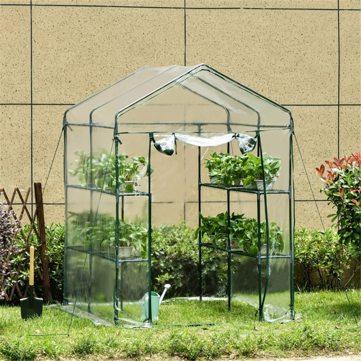 Walk-in Greenhouse with 8 Tier Shelves, Portable Outdoor Plant Greenhouse with Roll-Up Zipper Door, Clear PVC Cover for Backyard, Patio
