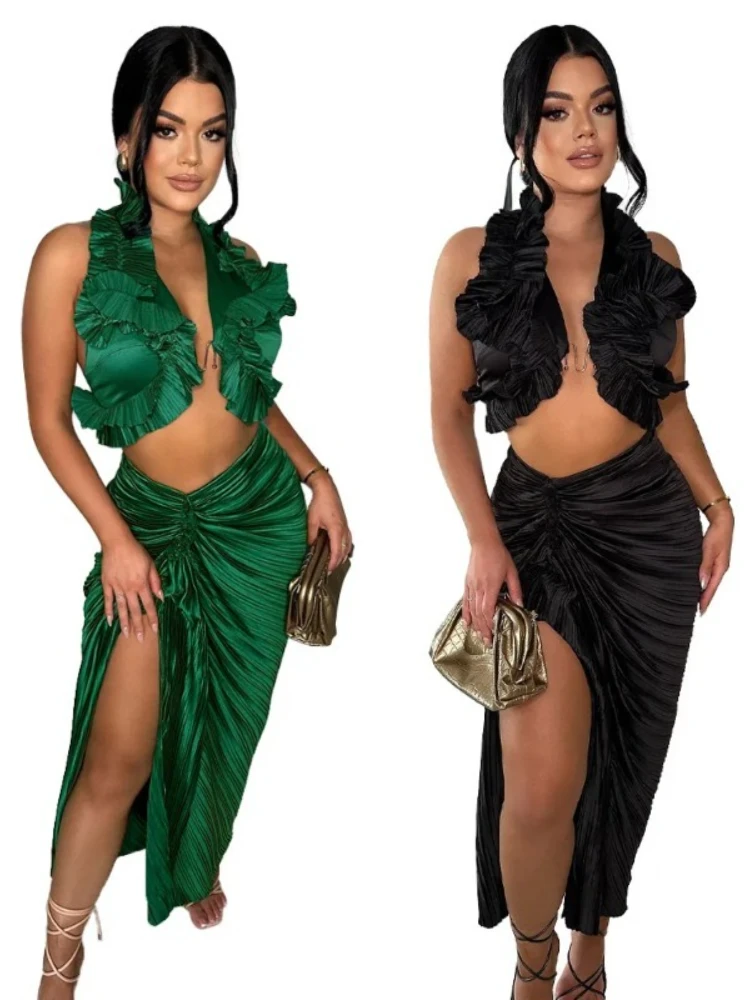 

2025 Summer Sexy African Sleeveless V-neck Polyester Top Long Skirt 2 Piece Matching Sets Dashiki Africa Clothing S-2XL Outfits