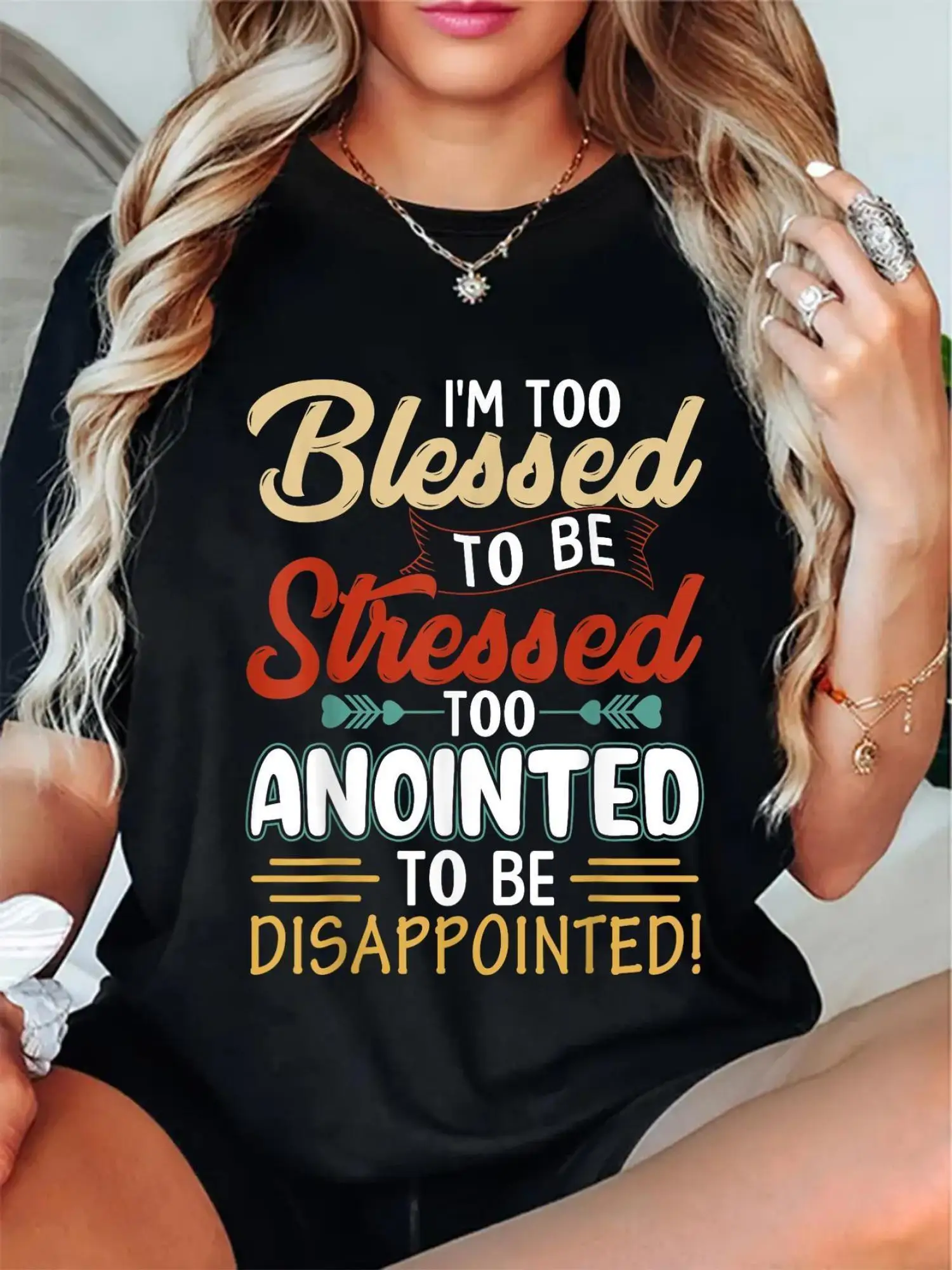 Women's Oversized Casual Short-Sleeve T-Shirt - Blessed & Anointed Geometric Print, Stretch Fabric, Loose Fit Round Neck