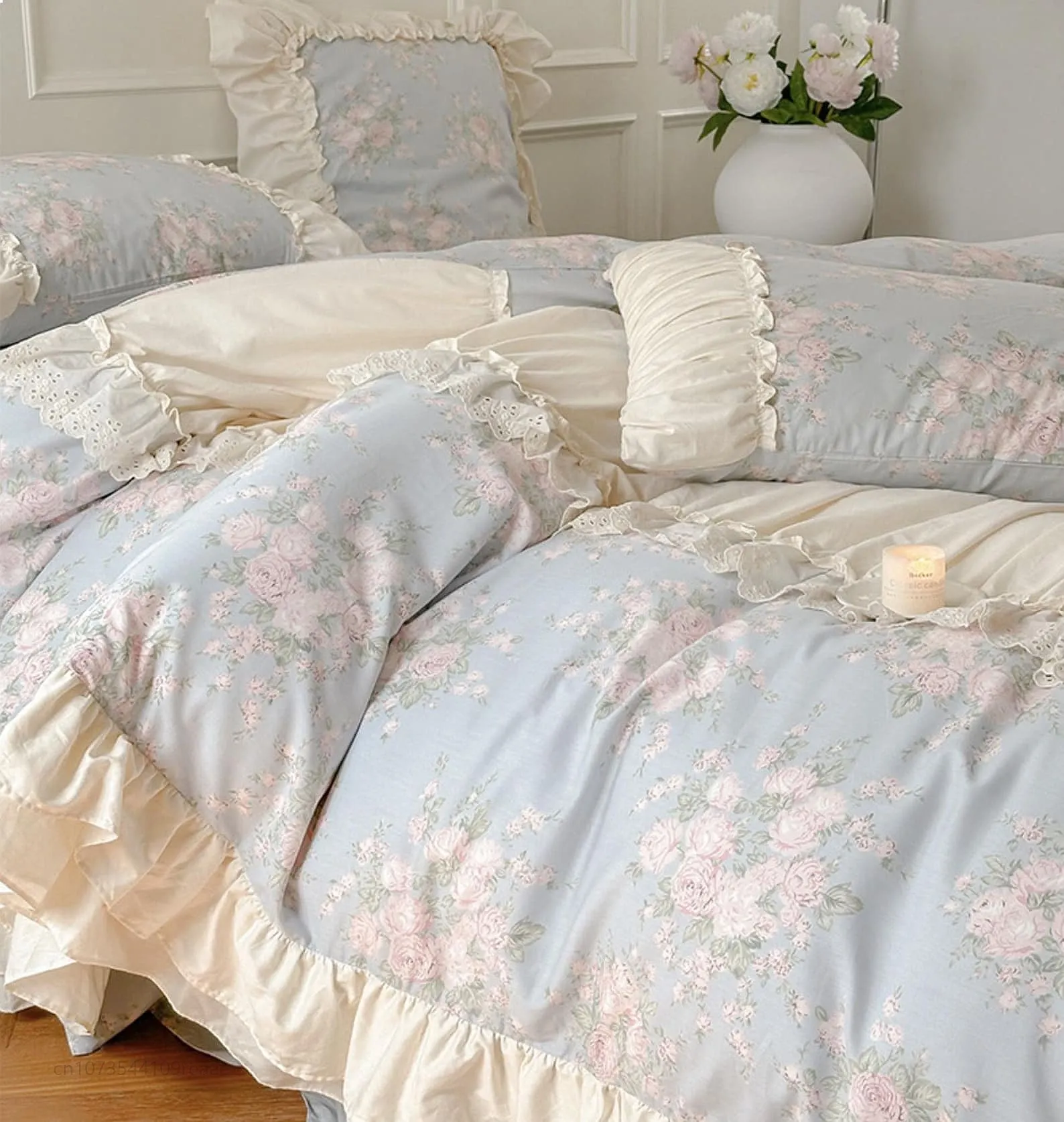 Vintage French Cotton Bedding Set Elegant Quilt Cover Only Bed Skirt