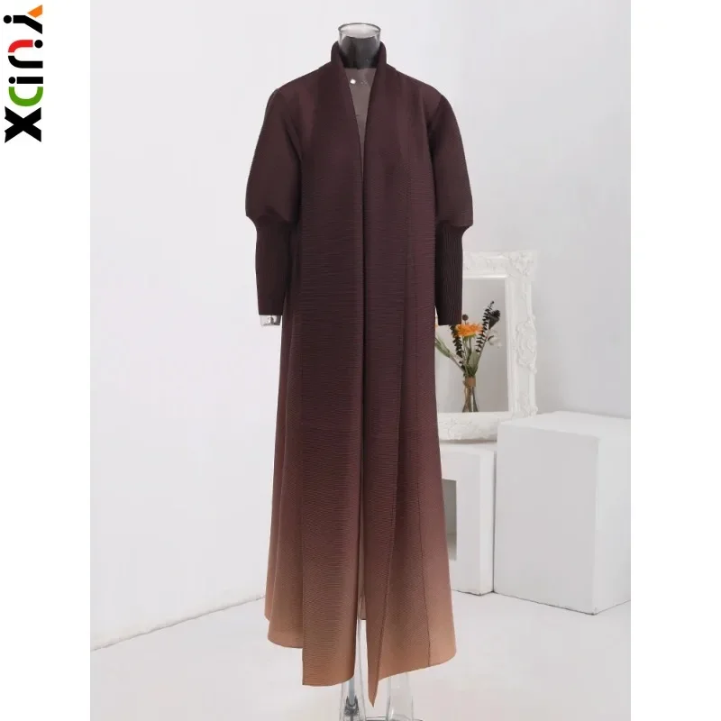 

YUDX Miyake Vintage Gradient Pleated Long Trench Coat Women Scarf Collar Loose Windbreaker Fashion 2024 Spring New Clothing