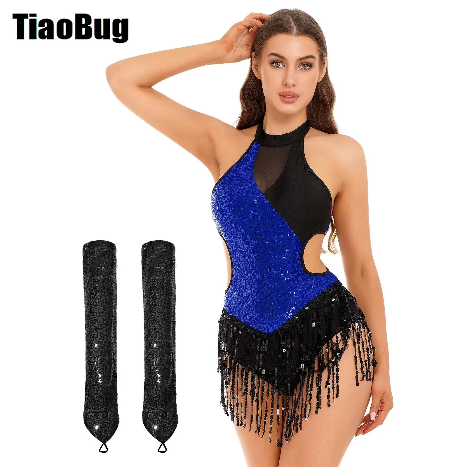 

Women Sequins Latin Cha-Cha Dance Leotard Sets Sparkling Color Block Bodysuit Sleeveless Fringed Leotard with Sequin Long Gloves