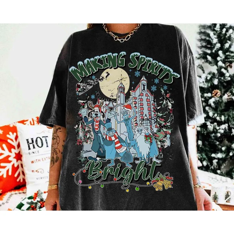 

Веселая рождественская рубашка Goofy Hitchhiking Ghost Refreshes the Spirits Disney, хлопковая уличная одежда унисекс