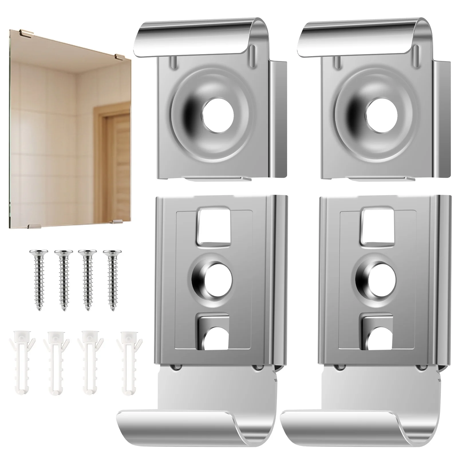 

4Pcs Mirror Holder Clips Kits Stainless Steel Wall Mounting Clips Hanger Brackets for Frameless Mirror Billboard Displays