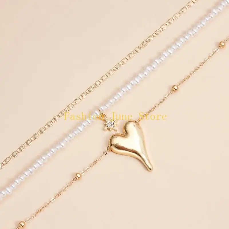 N5KA موضة طبقات قلادة الرقبة مجوهرات مع نجمة القلب غير النظامية واللؤلؤ المقلد لملابس يومية أنيقة #4