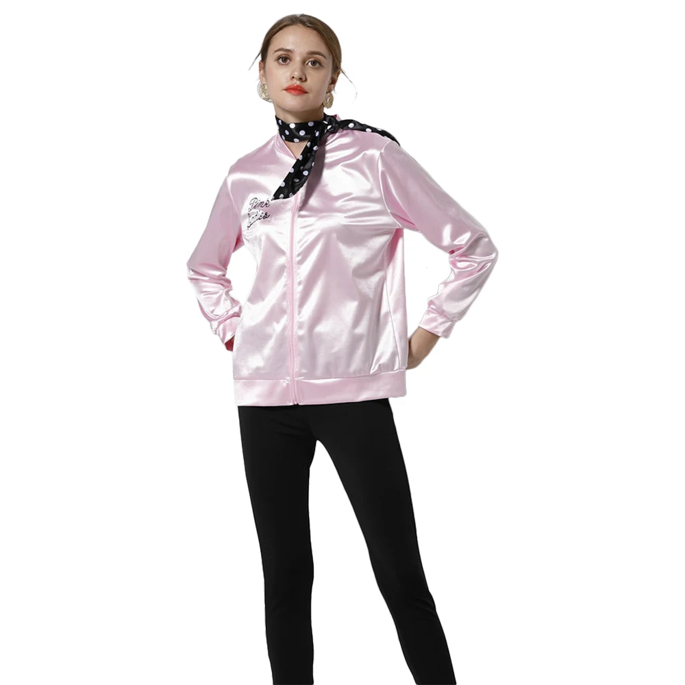 Grease Pink Ladies Cosplay Jacket Adult Women Girls Kids Retro Satin Coat Neckscarf Costume Top Halloween Carnival Party Suit