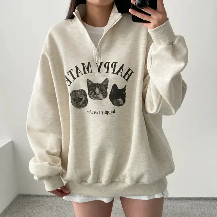 Women Hoodies Office Lady Loose Coat Hooded Sweatshirts Cartoon Cat Printed Pullover 2024 Spring Femal Thicken Clothes