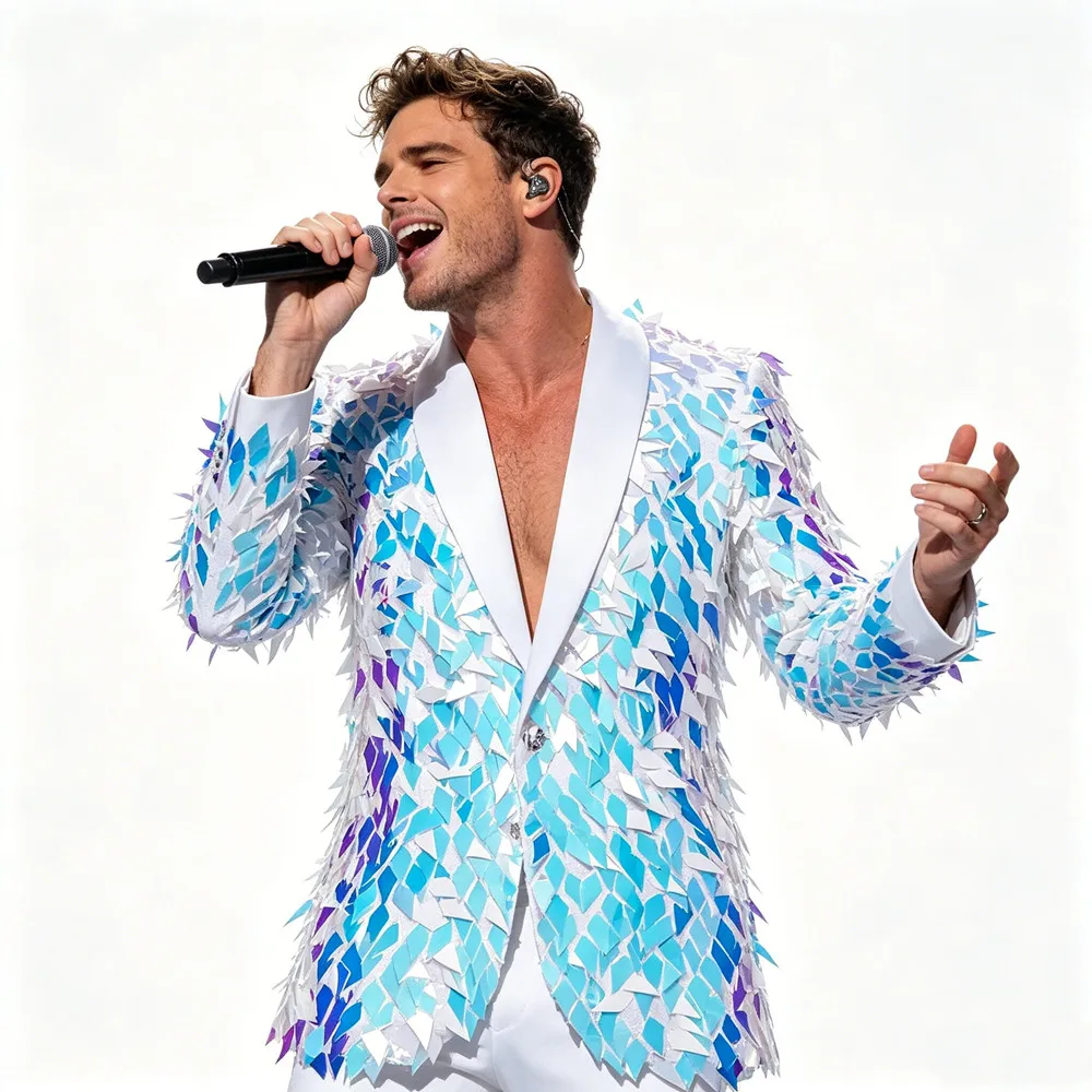 

Men's Slim Fit Sequin Suit Jacket Trendy Shiny Blazer for Host Evening Party Singer Concert Stage Performance Catwalk Tuxedo