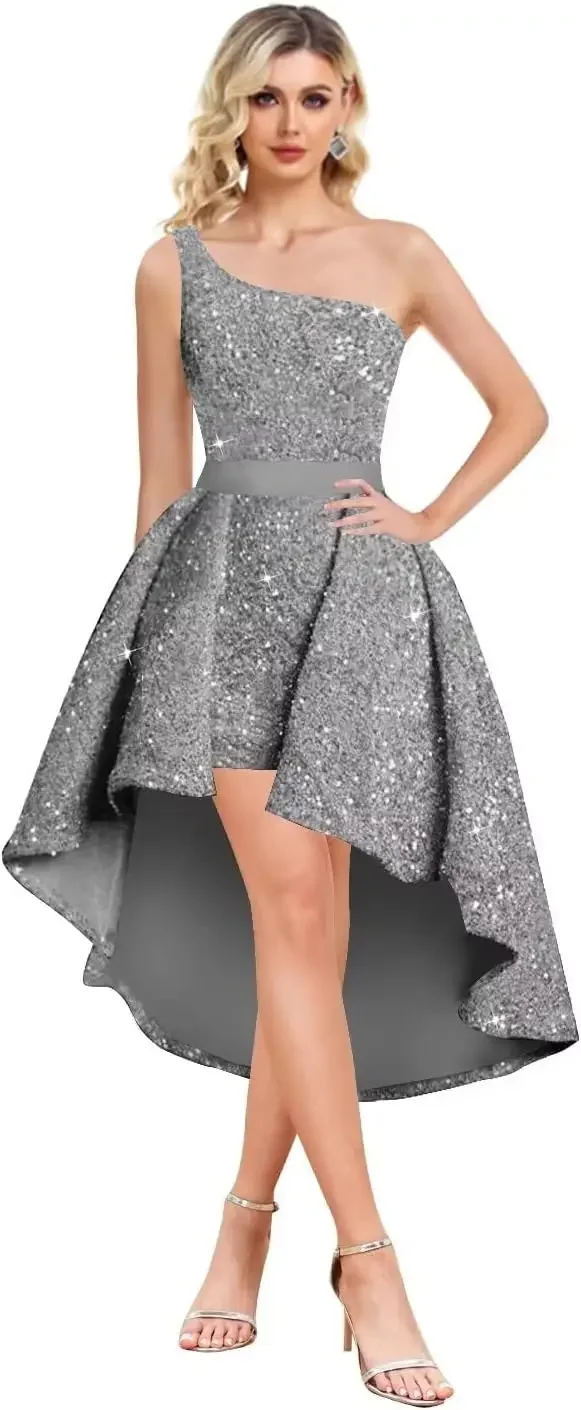 キラキラ A ライン カクテル ミディドレス 卒業ドレス ハイロー ワンショルダー スパンコール ホームカミングドレス ショート プロムドレス