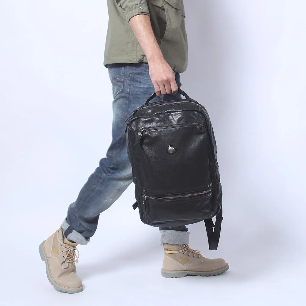S.WORKER Lässiger Rucksack aus echtem Rindsleder, Herren-Laptop-Rucksack, Tagesrucksack mit großer Kapazität, Reisetasche, Schultasche – Detail 6