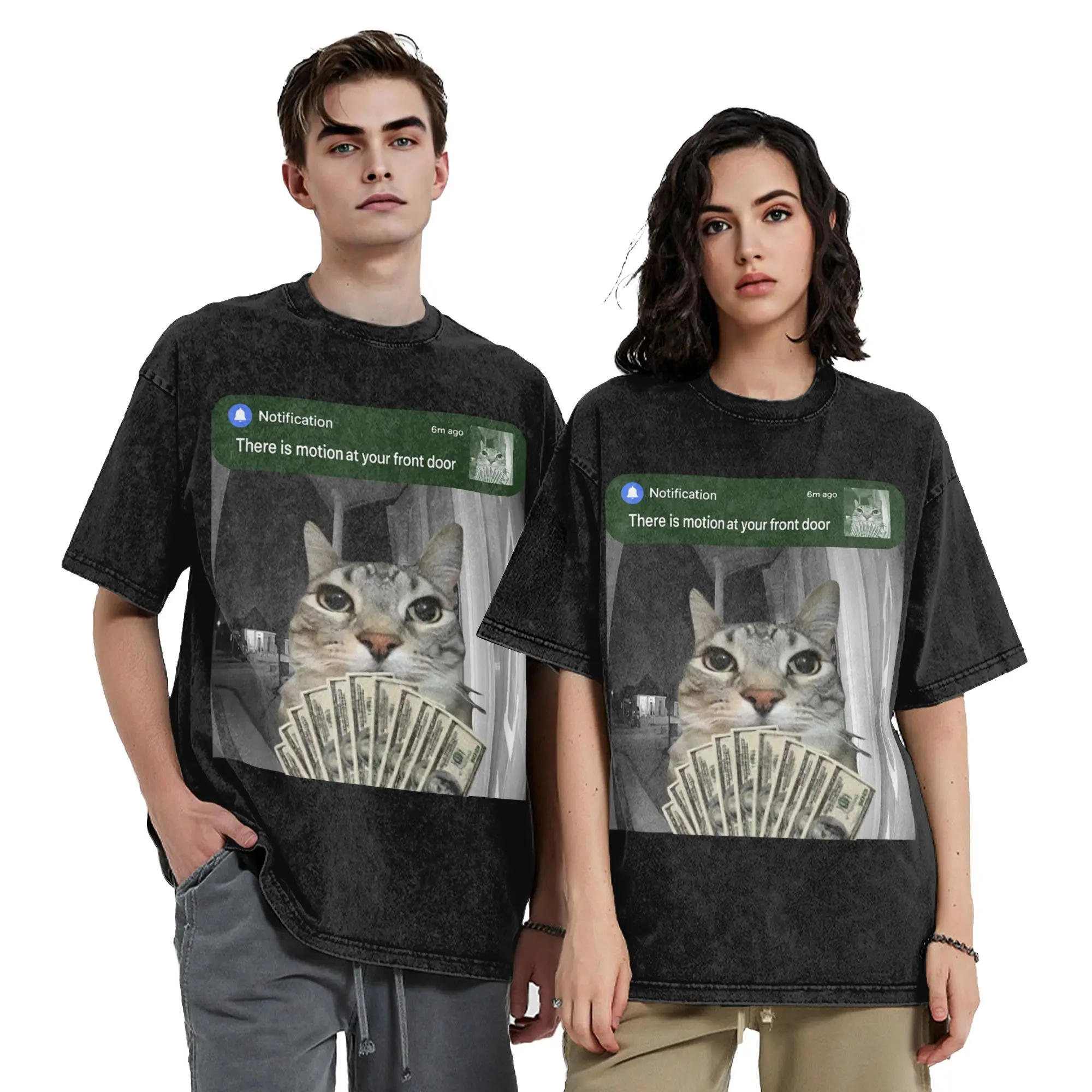There is Motion at Your Front Door Funny Cat Motion Meme Washed T Shirt Streetwear T-Shirt Tees for Men Women Cotton Printed
