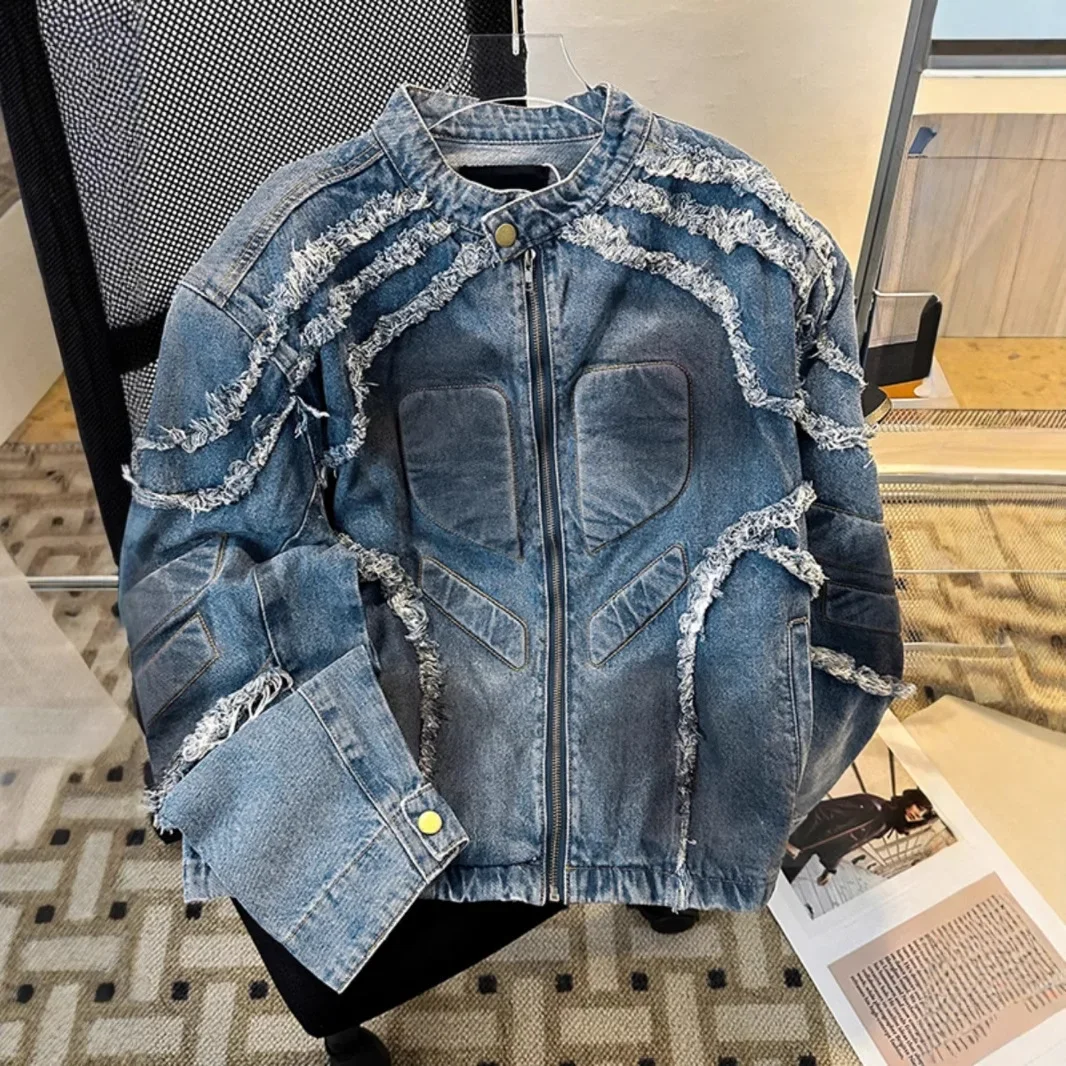 

Мужская джинсовая куртка с тиснением на плечах, осень-зима, винтажный джемпер с мотоциклетным дизайном в американском стиле, уличный джемпер с воротником