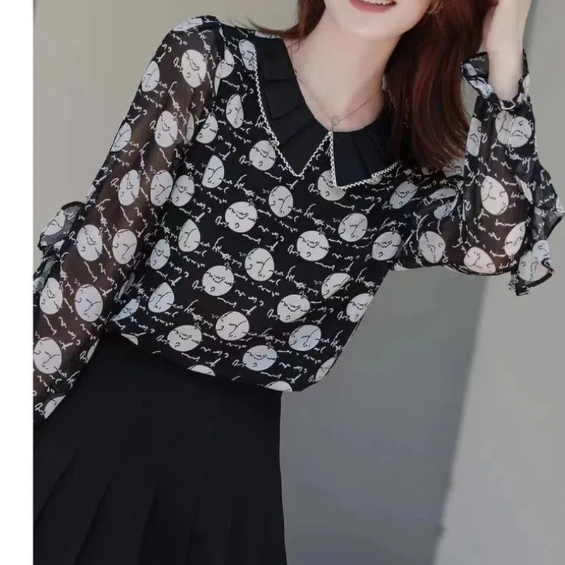 Spring Autumn Ruffles Women\'s Clothing Pullover Geometric Printing Chiffon Long Sleeve T-shirt Casual Comfortable Korean Tops