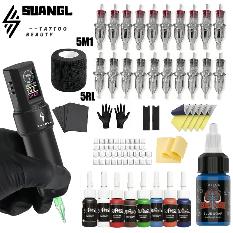 

SUANGL Wireless Tattoo Pen Machine Kit for Permanent Makeup, Rechargeable Tattoo Gun with Power Supply, Complete Tattoo Set