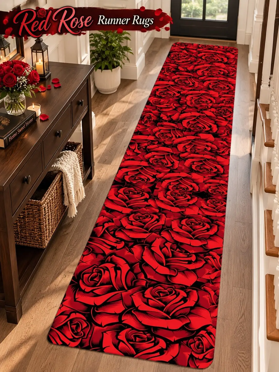 Rose Blossoms Aisle Runners Long Carpet Runner Rugs Hallway Entryway Kitchen Laundry Room Bedroom Floor Decor Apartment Home Furnishing Foyer Makeover Along Cabinets Christmas Birthday Anniversary Gifts for Family and Friends Who Love Flowers
