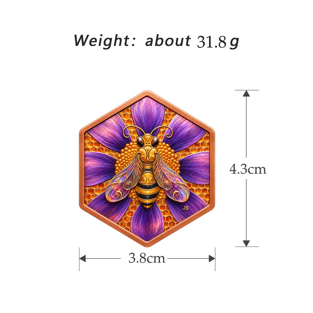 Hexagonal Bee Yin Yang 1 Oz .999 Fine Copper Coin High Relief Colorful Honey Bee Flower Art Challenge Coin Souvenir Decor Gift