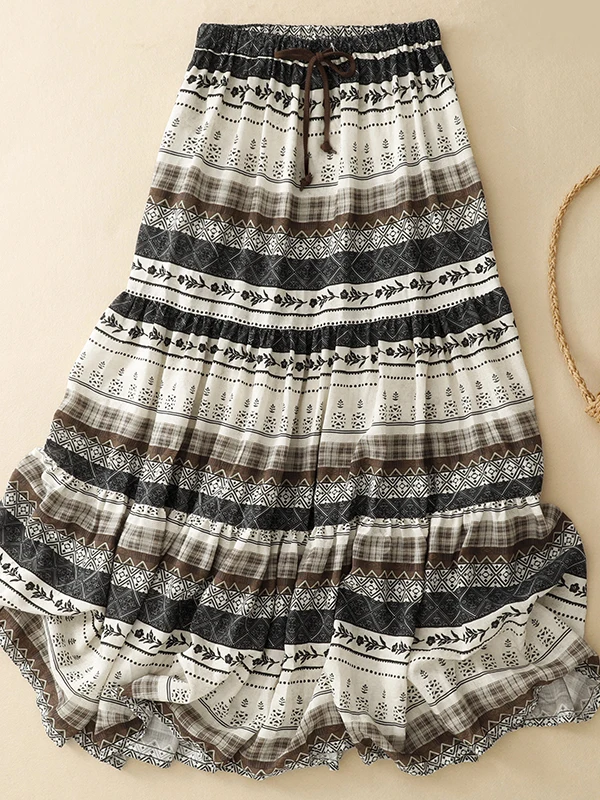 Bohemian Print Half-length Pleated Skirt Women's Spring Summer Drapy Double-layered Umbrella Skirt Cotton Casual High Waist